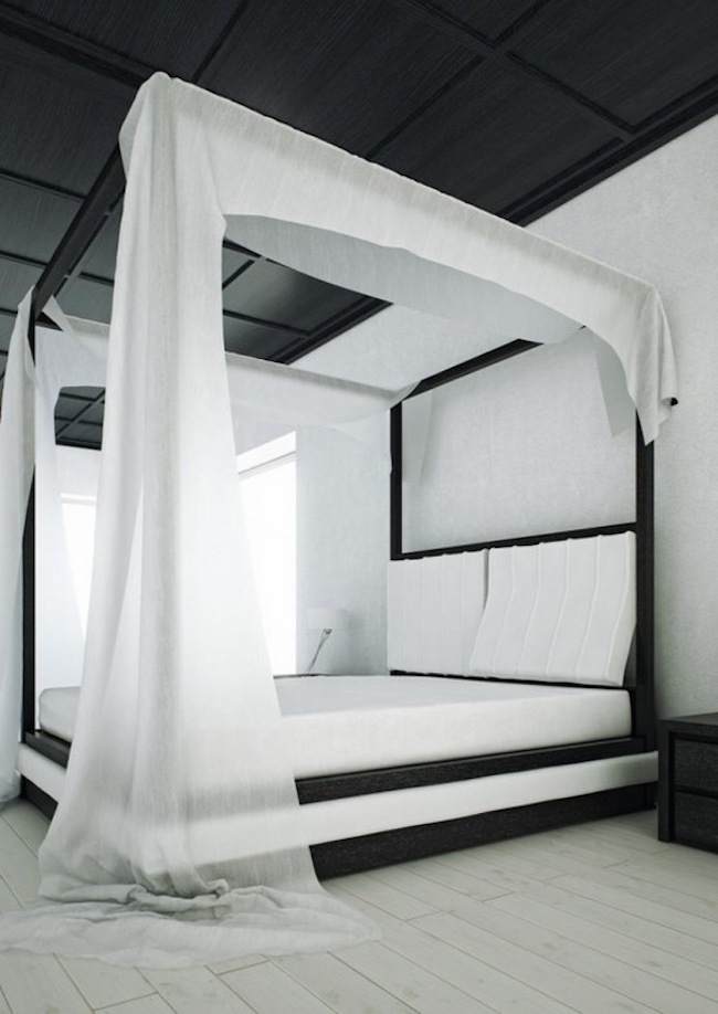 Lit à baldaquin noir et blanc moderne - idées de design de chambre à coucher