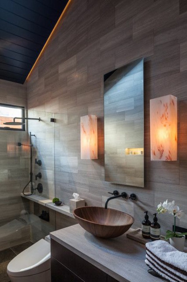Idées d'aménagement de la salle de bains Dans un miroir de style asiatique